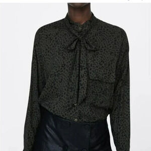 Zara Dark Green Black Leopard Print High Neck Button Down with Tie / size xs